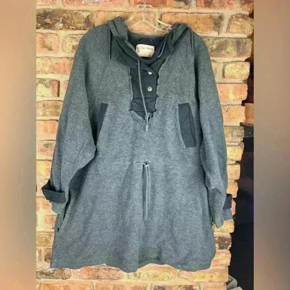 We The Free People Sadie Surplus Knit Black Jacket Fleece Hoodie Dress S NWOT